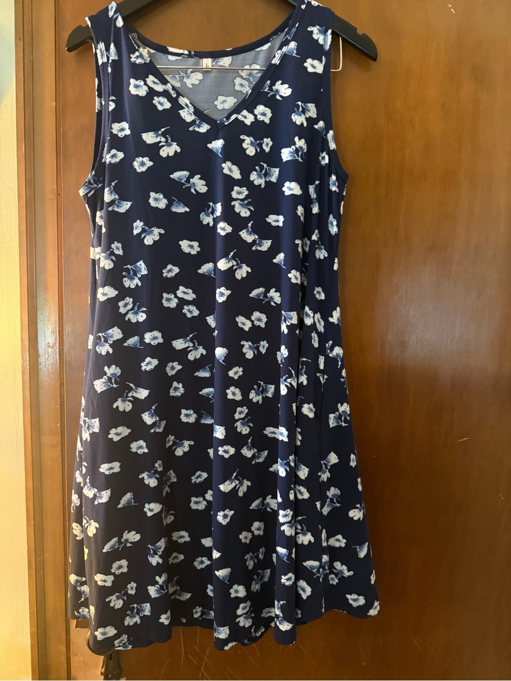 Navy Floral Sleeveless V-Neck A-Line Dress